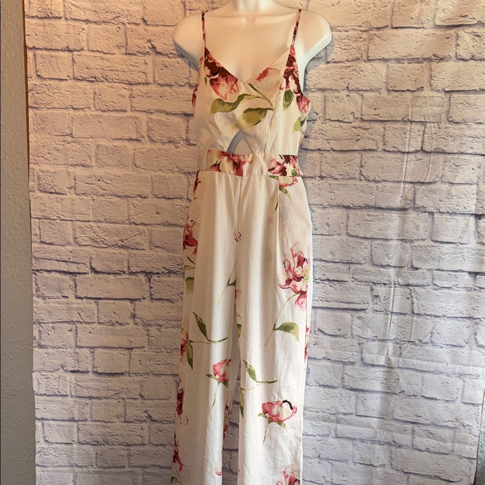 Ambition Cream Floral V-Neck Jumpsuit with Cutout Size Medium